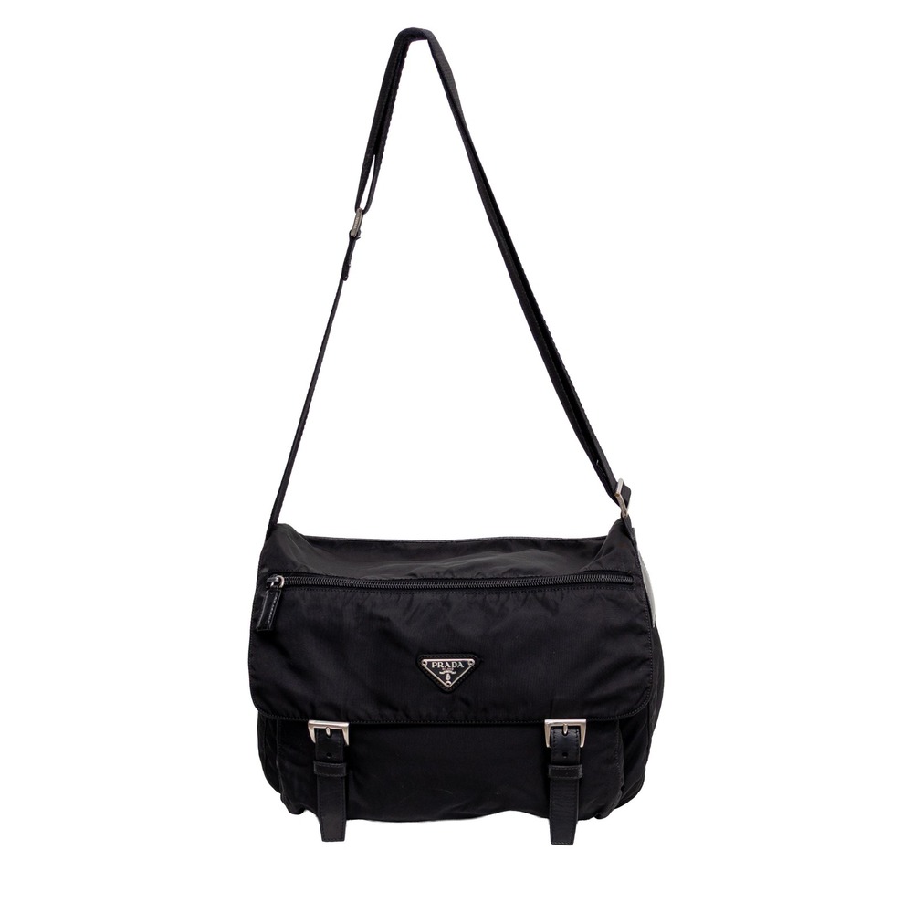 Prada Black Tessuto Nylon Messenger Bag Crossbody Buckle Flap Logo Made in Italy